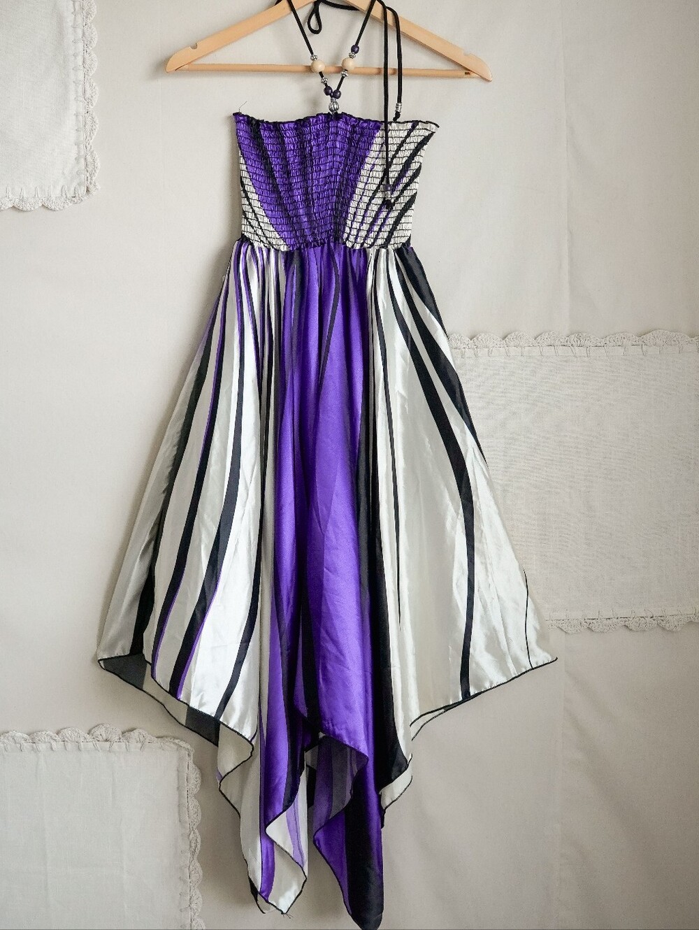 Y2K Purple Black White Handkerchief Hem Halter Dress Beaded Tie Neck